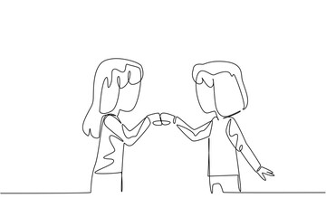 Continuous one line drawing two sisters clenching their fists and giving each other a fist bump. Celebrating success together. Happiness. Day of Brother. Single line draw design vector illustration