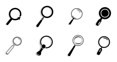 High-resolution vector illustration featuring eight unique magnifying glass icons, each rendered in a sleek black-and-white style