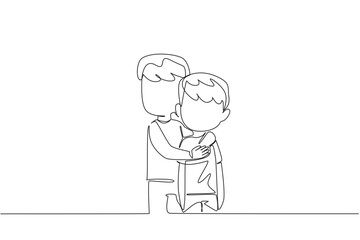 Single one line drawing an older brother hugging body of his younger brother. Tight embrace. Calming. Pleasant. Soothing. Lovely. Exciting. Day of Brother. Continuous line design graphic illustration