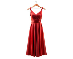 Elegant long flowing red satin evening gown with spaghetti straps hanging on a wooden hanger isolated on transparent background