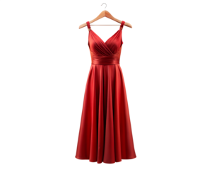 Elegant long flowing red satin evening gown with spaghetti straps hanging on a wooden hanger isolated on transparent background