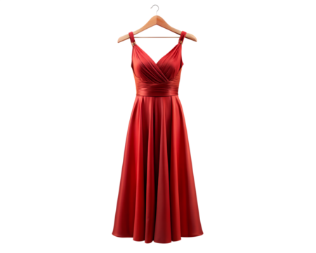 Elegant long flowing red satin evening gown with spaghetti straps hanging on a wooden hanger isolated on transparent background