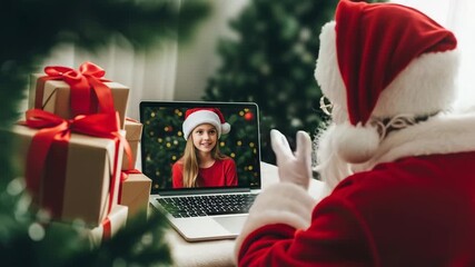 Santa claus video calling a child on christmas eve with gifts - Powered by Adobe