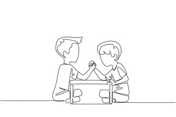 Single continuous line drawing two brothers arm wrestling. Train muscle strength from childhood. A good way to look after a little brother. Sport. Day of Brother. One line design vector illustration