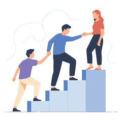 Teamwork illustration showing colleagues helping each other climb career ladder together