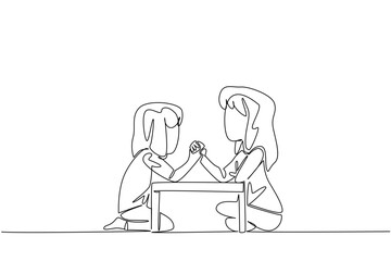 Single one line drawing two sisters sitting on the floor and arm wrestling. Siblings competing in a game of agile. Fun and exciting game. Day of Brother. Continuous line design graphic illustration