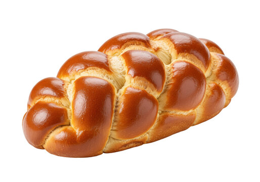 Isolated braided challah bread, golden-brown crust, glistening with a sweet egg wash glaze