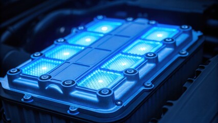 Obraz premium Modern Hydrogen Fuel Cell Battery with Glowing Blue Lights