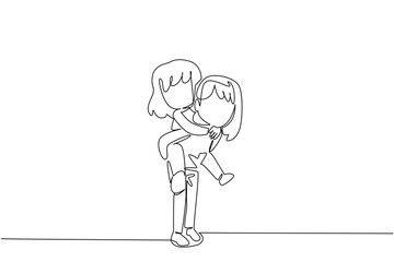 Single one line drawing an older sister carries her younger sister on her back. Keep the little one in a calm mood. Fun together. Warmth. Day of Brother. Continuous line design graphic illustration