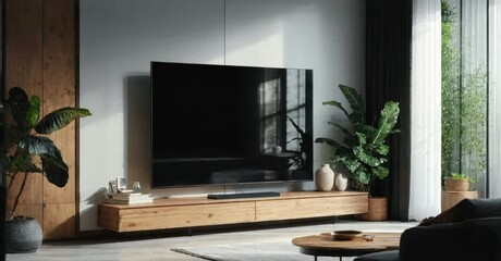 Modern living room interior. Neutral tones, wood accents, plants create calm atmosphere. Television dominates wall space.