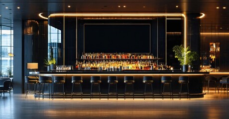 Elegant bar interior. Dark tones dominate, illuminated by warm lighting. Bottles displayed behind counter, seating available. Modern design.