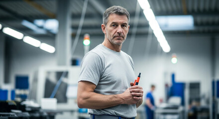 Serious factory worker holding screwdriver in a modern industrial setting, showcasing expertise and quality control, industry