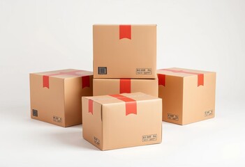 Four cardboard shipping boxes on a neutral background, ready for delivery,  mail,  packages