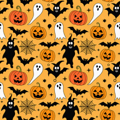 Obraz premium A festive halloween pattern featuring pumpkins, ghosts, bats, and spiderwebs on an orange background, perfect for spooky season decorations