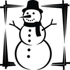 Black and white cartoon snowman with a top hat and scarf, standing inside a bold, abstract, rectangular frame, a perfect symbol for winter, Christmas, and holiday graphic designs.
