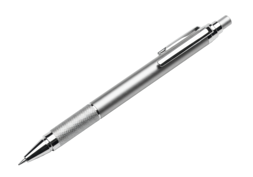Isolated metal mechanical pencil with clip for writing or drawing, silver color, precision instrument