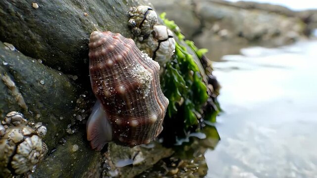 A solitary sea snail with a patterned shell exploring a coastal rock covered in barnacles and green seaweed