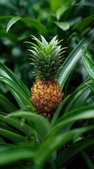 Obraz premium Pineapple fruit, fresh and ripe, growing amidst leafy green foliage