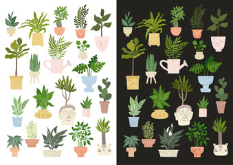 Botanical poster with home plants in pots. Different potted plants. Beautiful interior poster, print design for decoration, banner, house plants. Cute simple illustration with trendy pots, house decor