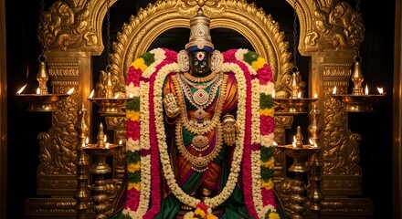 Obraz premium Decorative Hindu Deity Statue in Ornate Gold Frame with Flower Garlands and Oil Lamps in Traditional Temple Setting