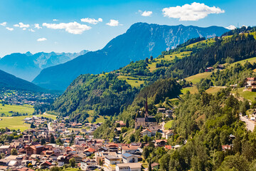Fototapeta premium Alpine aerial summer view with a church of Oetz, Oetztal valley, Tyrol, Austria