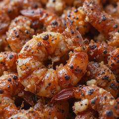 시즈닝된 새우 요리가 겹겹이 쌓여있는 장면