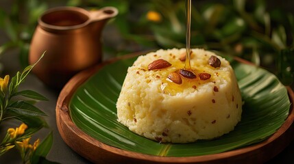 Traditional South Indian pongal with ghee drizzle, banana leaf serving.