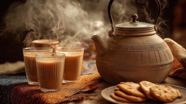 Tea kettle with steaming chai glasses, biscuits on side, warm cozy aesthetic. - Powered by Adobe