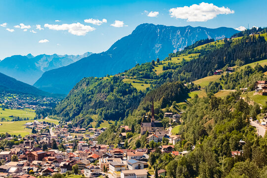 Alpine aerial summer view with a church of Oetz, Oetztal valley, Tyrol, Austria