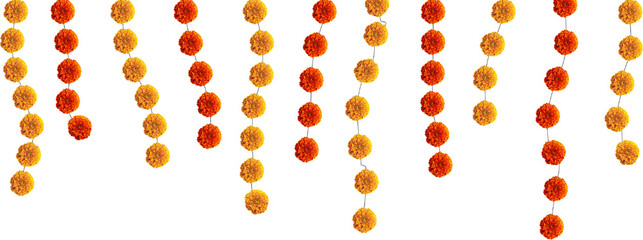 Red and orange marigold flowers hanging abstract strips festive element