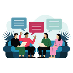 Diverse team collaboration and brainstorming session with creative speech bubbles and laptops