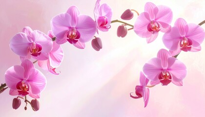 Fototapeta premium Orchid Branch with Pink Blossoms Against a Soft Light Background