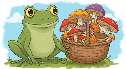 Happy Frog With Basket Full Of Mushrooms.