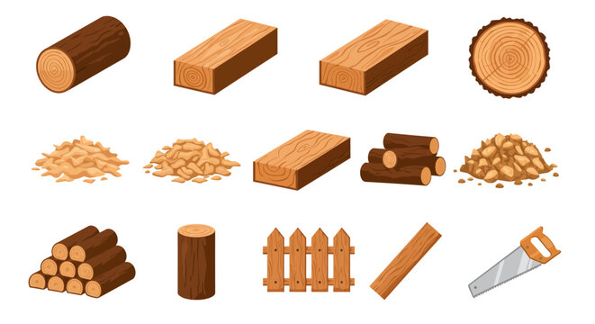 Collection of woodrelated objects logs planks sawdust fence and saw