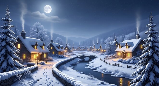 Winter Village at Night - A Snowy Christmas Scene.