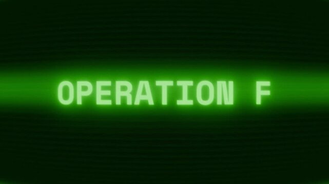 Old green CRT screen showing text OPERATION X appearing in random glitch and coding style