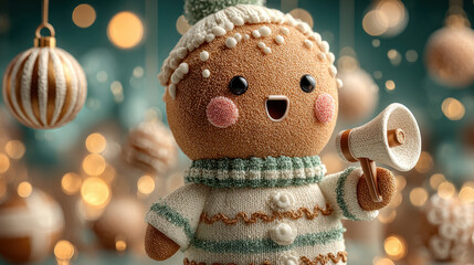 Funny Gingerbread Man Protesting with Megaphone at Christmas Party