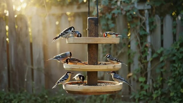 Captivating bird feeding frenzy at backyard feeder delights nature lovers in a sunlit garden scene