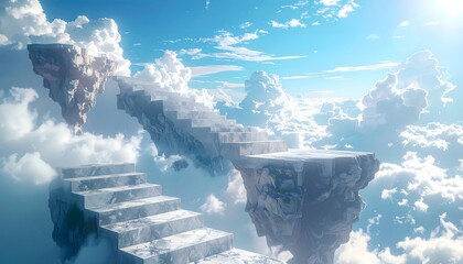 Surreal floating staircases in the sky, whimsical dream