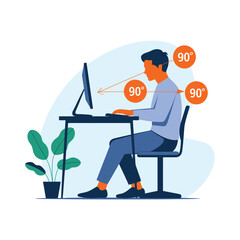 Ergonomics Illustration Showing Correct Posture at Desk with 90 Degree Angles