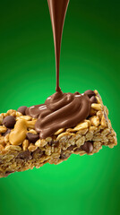 Chocolate Drizzle Pouring onto Granola Bar with Nuts