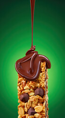 Chocolate Drizzle Pouring onto Granola Bar with Nuts