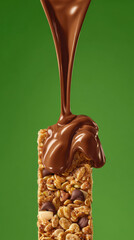 Chocolate Drizzle Pouring onto Granola Bar with Nuts