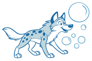 Cartoon Hyena Walking with Blue Spots and Blue Bubbles on White Background