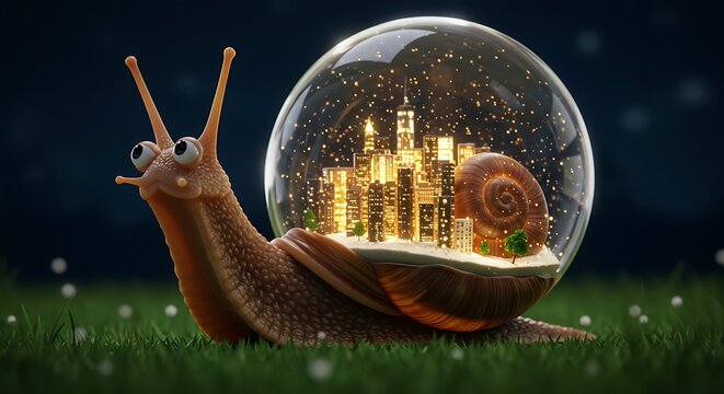 Magical Snail Carrying a Miniature City in a Snow Globe.