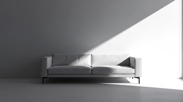 Modern Sofa in Minimalist Room with Dramatic Light and Shadow Play.