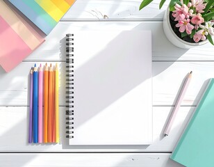 Colorful Pencils with Blank Sketchbook on White Wooden Desk — Creative Flat Lay for Art, School, and Design