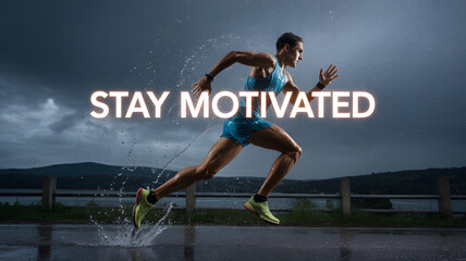 Powerful athlete running in the rain embodying perseverance and determination, inspiring fitness goals and a driven lifestyle, perfect for motivational campaigns