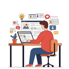 Man working on laptop with social media icons and notifications.
