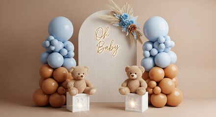 Elegant Baby Shower Setup with Teddy Bears and Balloons Decoration